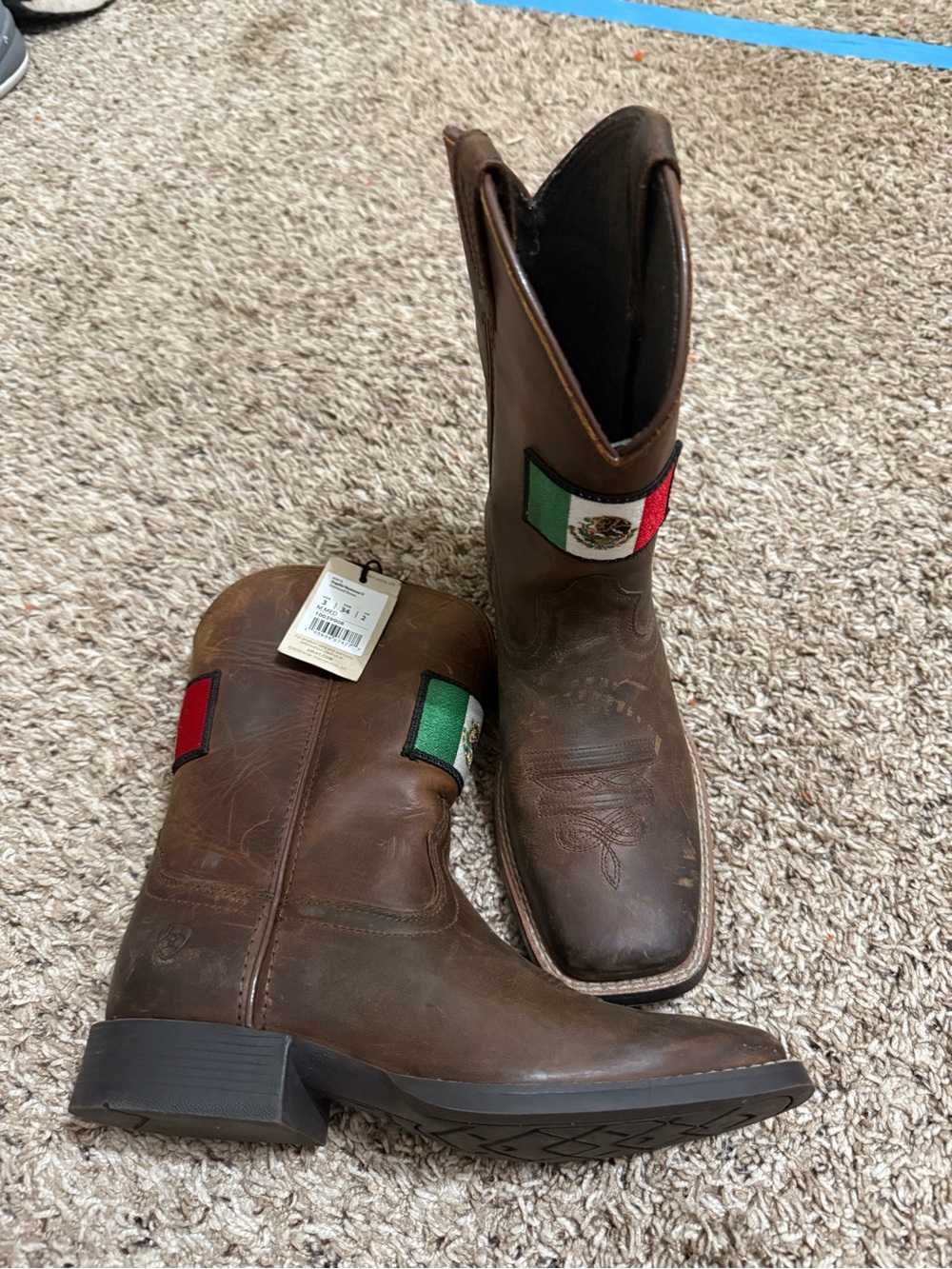 Ariat Brown Leather Western Boots with Mexican Flag Patch